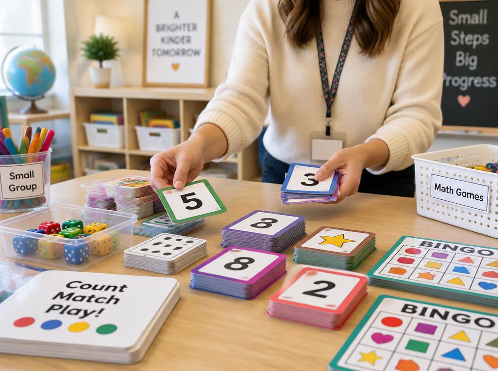 Professora organizando jogos educativos imprimíveis